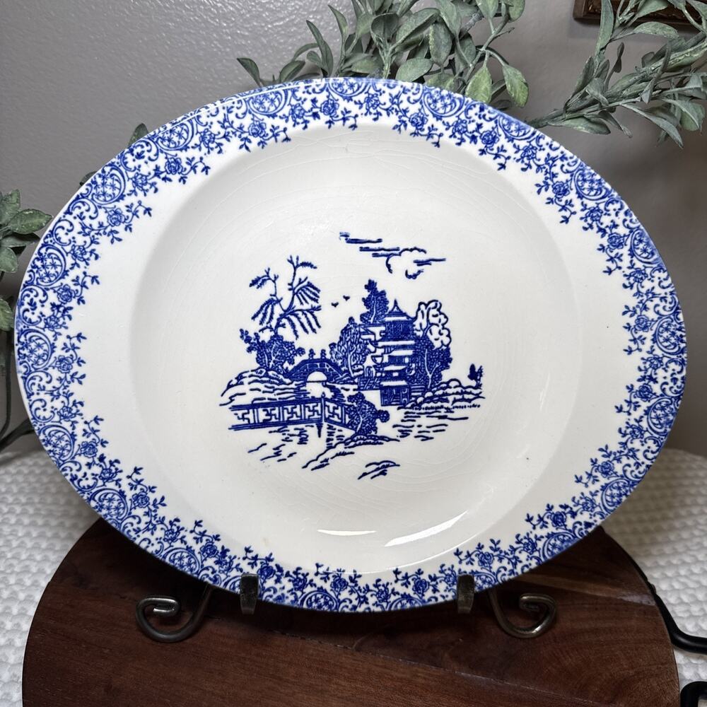 Vintage Blue Willow Style Platter 11” Chinoiserie Transferware Serving Plate